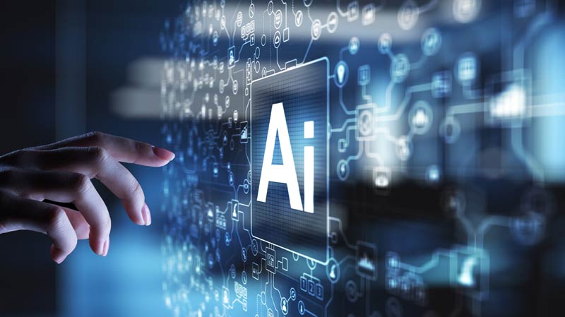 Hand interacting with AI interface and digital technology graphics